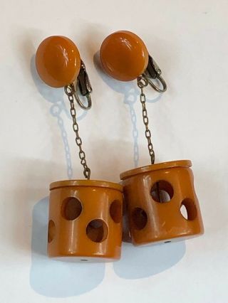 Vtg Art Deco Bakelite Butterscotch Dangle Polka Dot Holes Drum Earrings