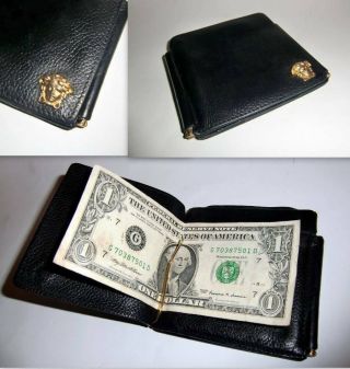 Gianni Versace Gold Medusa Head Double Clip Black Leather Wallet - Vintage 1990