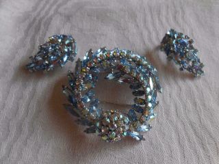 Vintage Sherman Ice Blue Swarovski Crystal Brooch & Earrings Set