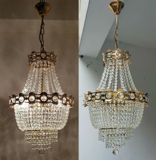 Matching Antique Vintage Brass & Crystals French Chandeliers Lighting