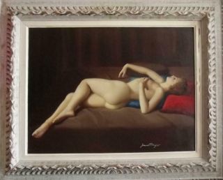 JOAN MAYOR Vintage FRENCH ART DECO Oil Painting Portrait of Reclining Nude 2