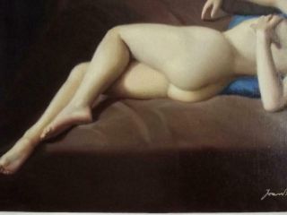 JOAN MAYOR Vintage FRENCH ART DECO Oil Painting Portrait of Reclining Nude 8