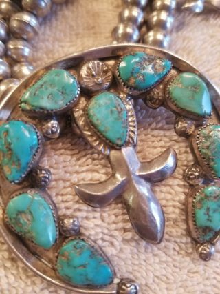 Vintage Navajo Turquoise Silver Squash Blossom Necklace Fleur De Lis Signed 12