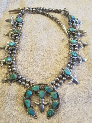 Vintage Navajo Turquoise Silver Squash Blossom Necklace Fleur De Lis Signed