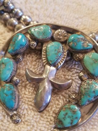 Vintage Navajo Turquoise Silver Squash Blossom Necklace Fleur De Lis Signed 2