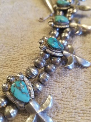 Vintage Navajo Turquoise Silver Squash Blossom Necklace Fleur De Lis Signed 3