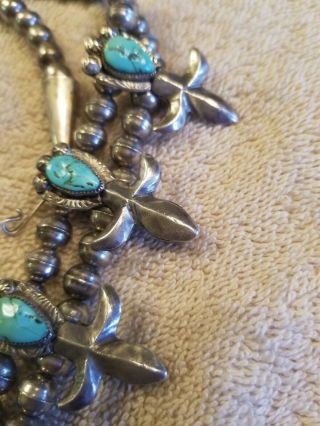 Vintage Navajo Turquoise Silver Squash Blossom Necklace Fleur De Lis Signed 4