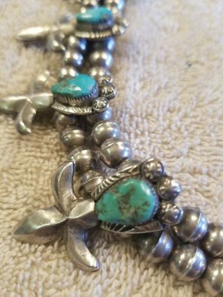 Vintage Navajo Turquoise Silver Squash Blossom Necklace Fleur De Lis Signed 5
