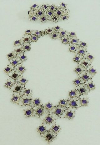 Large Vintage Sterling Silver Amethyst Taxco Mexican Necklace Bracelet Set 285gr