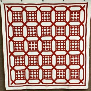 Patriotic Red C 1890 - 1900 Garden Maze " Checkerboard " Quilt Antique