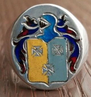Very Rare Vintage Enamel Family Crest Insignia Sterling Silver Ring 10