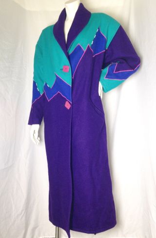 Vtg 80s Long Heavy Wool Trench Coat M Cindy Owings Designs Geometric