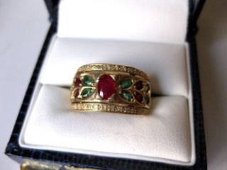 Vintage Estate 14k Yellow Gold Ring With Natural Rubies,  Emeralds & Diamonds