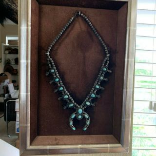 Antique Or Vintage Navajo Turquoise Silver Squash Blossom Necklace,  Frame