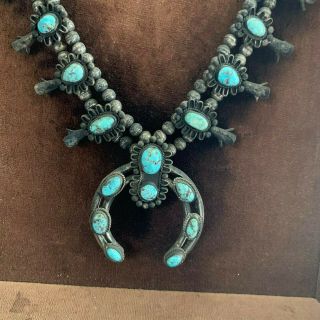 Antique or Vintage Navajo Turquoise Silver Squash Blossom Necklace,  Frame 2