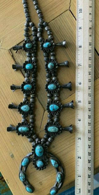 Antique or Vintage Navajo Turquoise Silver Squash Blossom Necklace,  Frame 7