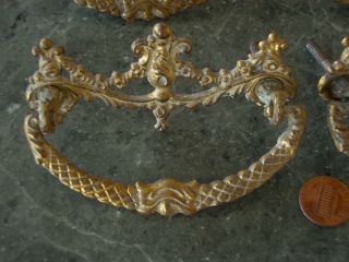 4 Antique Vtg Victorian Golden Brass Drawer Pulls Barbola Roses Swags