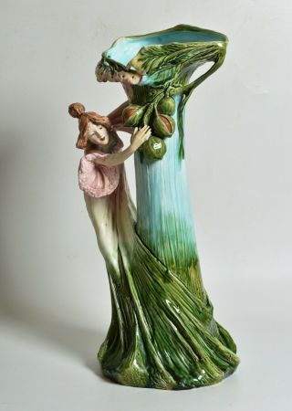 Antique 20 " Art Nouveau Majolica Vase W Woman Figure Signed: Tc.  Figural Pottery