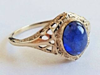 Vintage Oval Cabochon Blue Sapphire 14k White Gold Filigree Ring Size 6.  25