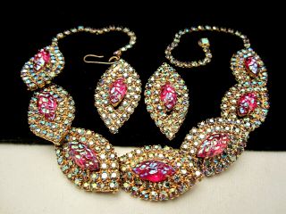 Vintage Signed Alice Caviness Pink Glass Rhinestone 16 " Necklace & Earring Set
