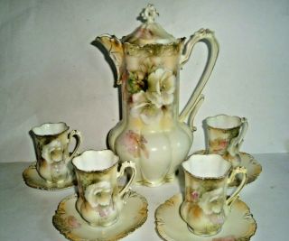 Vintage R S Prussia Floral Design Chocolate Pot With Cups And Saucers