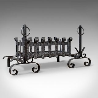 Antique Fire Basket On Andirons,  Fire Dogs,  English,  Fireplace Grate C.  1900