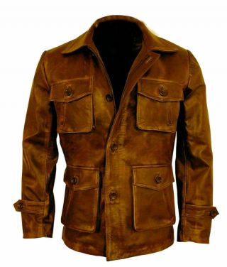 Distressed Brown Coat 3/4 Vintage Real Sheepskin Biker Leather Jacket For Men 