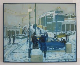 Winter City Blues Mcm Expressionist Vtg Mixed Media Painting Signed Blount 24x30