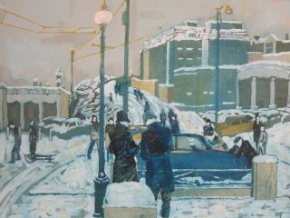 Winter City Blues MCM Expressionist Vtg Mixed Media Painting Signed Blount 24x30 2