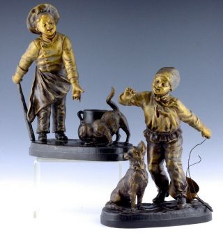 Pair C1900 G Maxim French Gold Gilt Bronze Mantle Dutch Boys W Dog Cat Figures