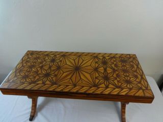 Antique Marquetry Inlaid Coffee Table W/geometric & Stars Design Liar Legs