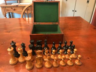 Antique C.  1890 English Estate Chess Set F.  H.  Ayres Boxwood & Ebony W Orig Box