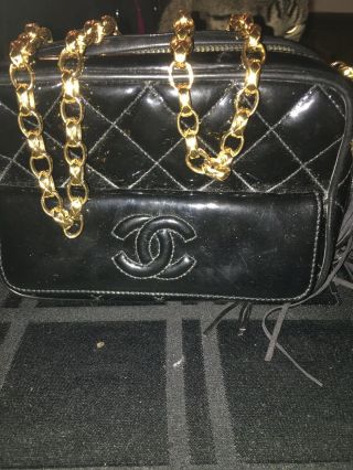 Chanel Vintage Logo Patent Leather Shoulder Camera Bag Ghw Chain Fringe Tassel