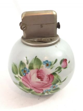 Vintage Thorens Semi Automatic Table Lighter - Hand Painted Floral Base Orlik