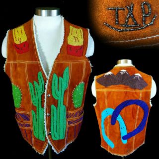 Vintage 1970s Signed Hand Seed Beaded Western Native American Leather Vest 40