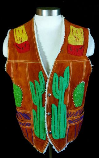 Vintage 1970s Signed Hand Seed Beaded Western Native American Leather Vest 40 2