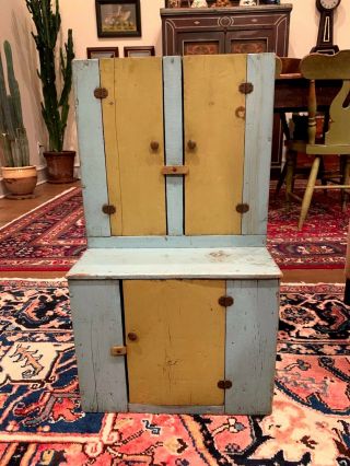 Antique American Folk - Art Tofc Child’s Step - Back Cupboard - All Paint