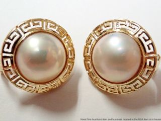 Vintage 14k Gold 13.  2mm Mabe Cultured Pearl Omega Back Greek Key Ladies Earrings