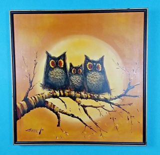 Vtg Mid Century Three Owls Oil Painting On Canvas Wall Art Signed Garret Framed
