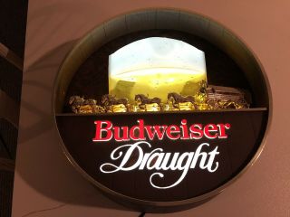 Budweiser Draught Lighted Keg Sign With Clydesdales - Vintage 1985