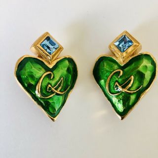 Christian Lacroix Vintage Clip On Earrings Heart Green Enamel Blue 1990s