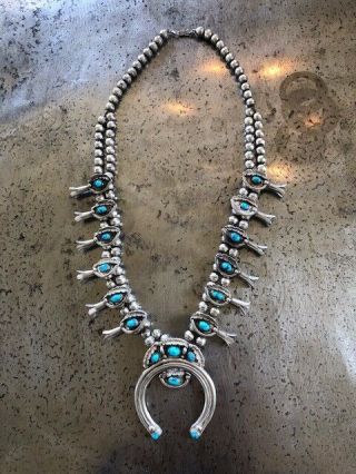 Vintage Navajo Squash Blossom Necklace Sterling Silver And Turquoise