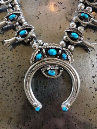 Vintage Navajo Squash Blossom Necklace Sterling Silver And Turquoise 2