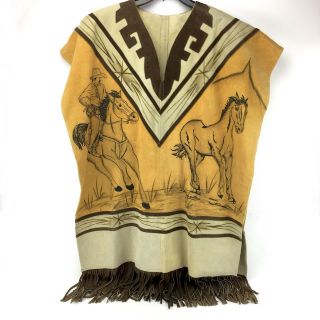 Vintage Mexican Gaban Poncho Serape Fringe Cowboy Horses Etched Leather Western