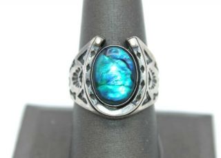 Signed Vtg Blue Dragons Breath " Glass Opal " Sterling Silver Horseshoe Ring Sz 9