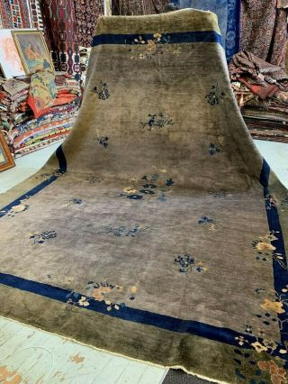 Auth: Antique Art Deco Chinese Rug 20 ' s Green & Russet Velvety Beauty 9x12 NR 3