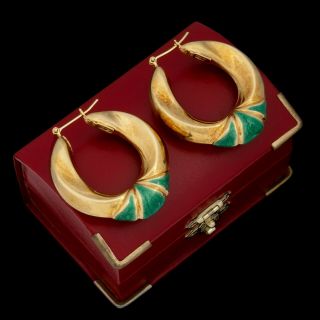 Antique Vintage Deco Retro 14k Gold Guilloche Enamel Huge 1.  65 " L Hoop Earrings