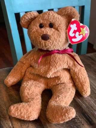 Ty Beanie Babies Curly The Bear Plush Rare Brown Nose.  Tag Errors 1993/1996
