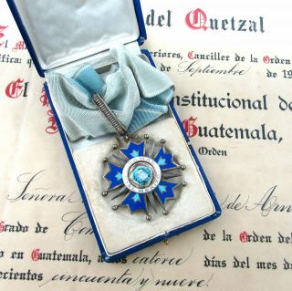 Vintage Guatemala Order Of The Quetzal Silver Enamel Cross Medal W/ Box & Doc