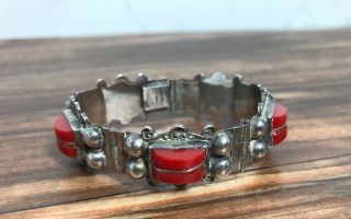 Del Rio Vintage Sterling Silver Red Ornate Hinge Link 6.  5 " Bracelet Mexico Fast
